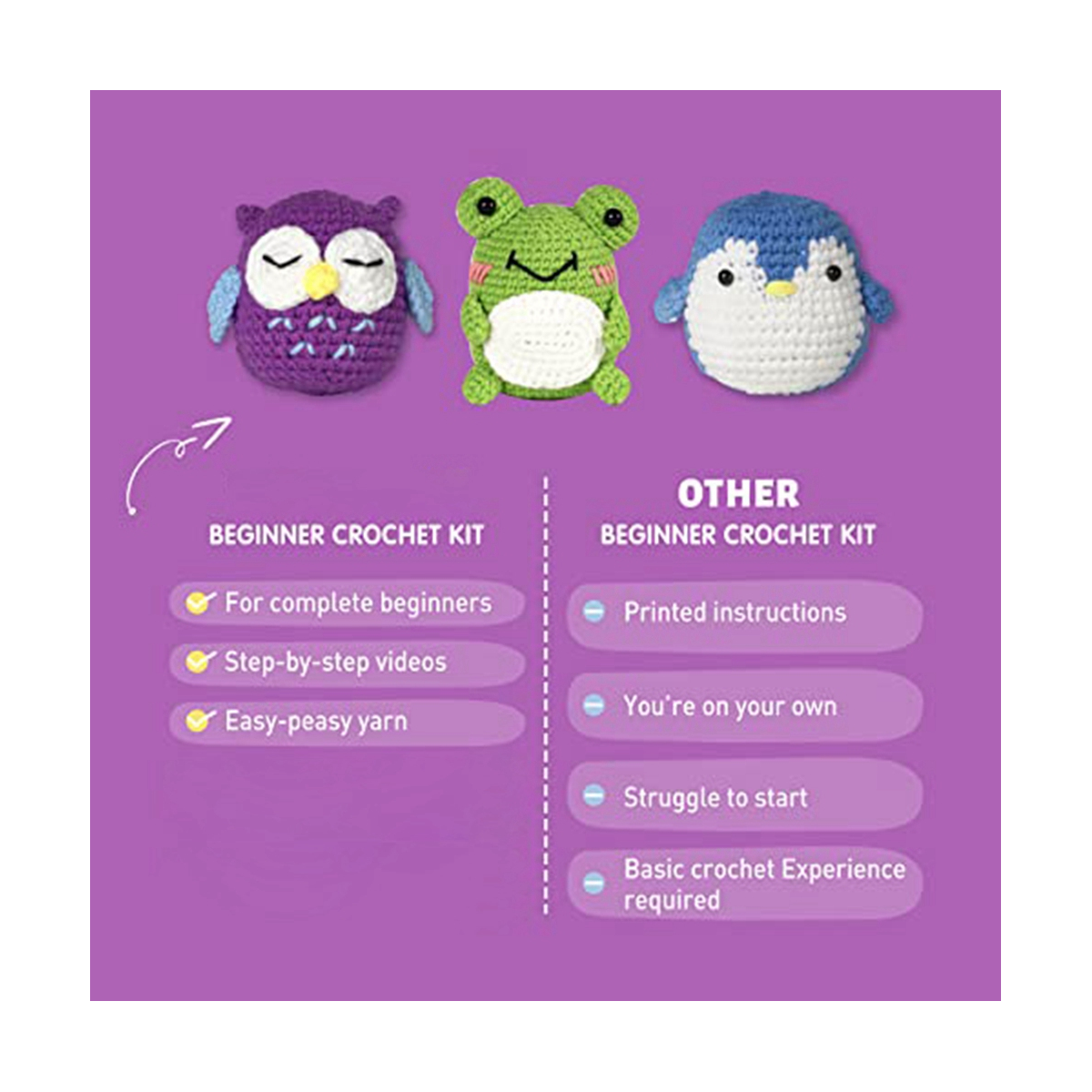 Crochet Kit for Beginners,Crochet Kit for Adults Kids Beginners,3 Pattern  Animals - Frogs,Owls,Penguins 